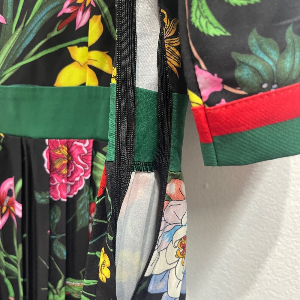 Black Floral Midi Shirt Dress with Green Trim - Picture 6 of 16